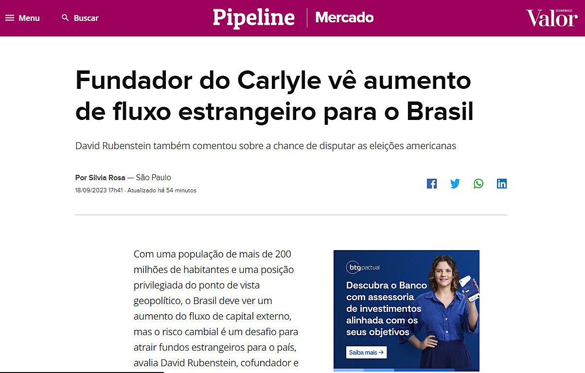 Fundador do Carlyle vê aumento de fluxo estrangeiro para o Brasil